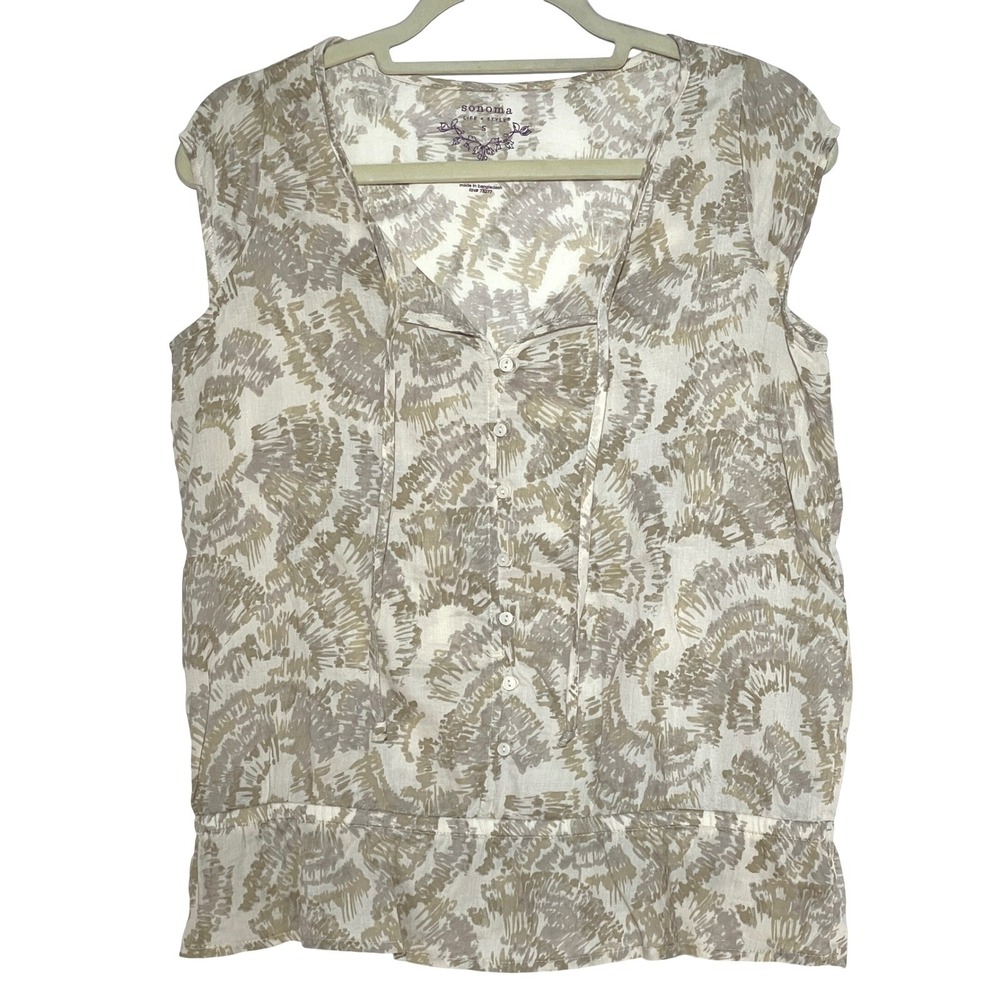 Sonoma Life Style Women Sz S 100% Cotton Cap Sleeve Peplum Blouse Top Earth Tone